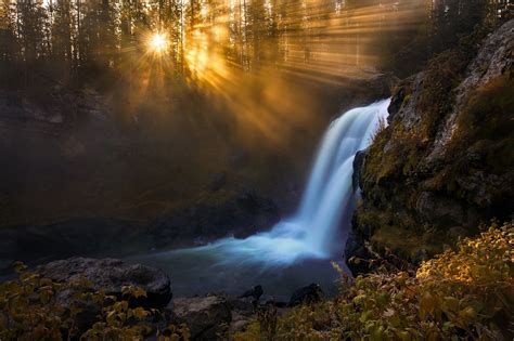 Download Nature Sunbeam Sunset Forest Waterfall Hd Wallpaper