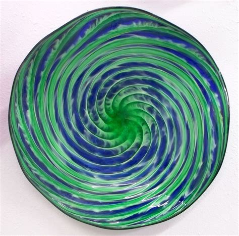 Beautiful Hand Blown Glass Art Wall Platter Bowl Green Blue