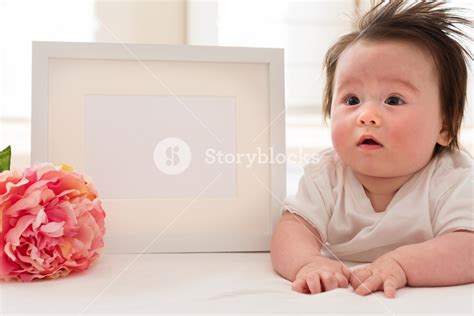 Happy Baby Boy With A White Photo Frame And A Pink Flower Royalty Free