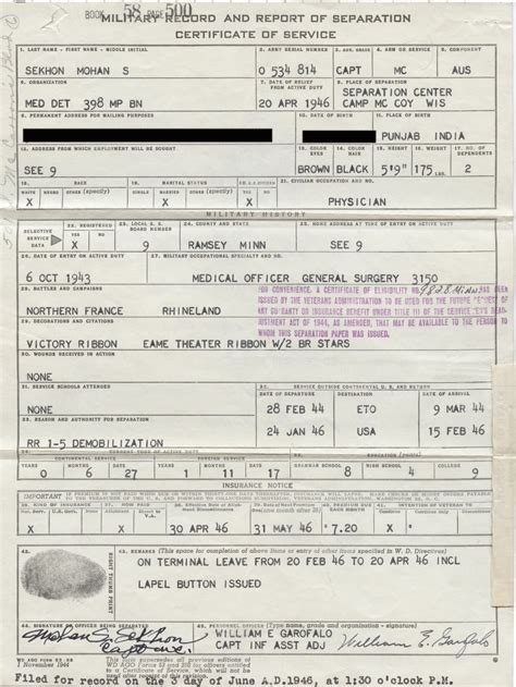 Military Record And Report Of Separation Certificate Of Service South