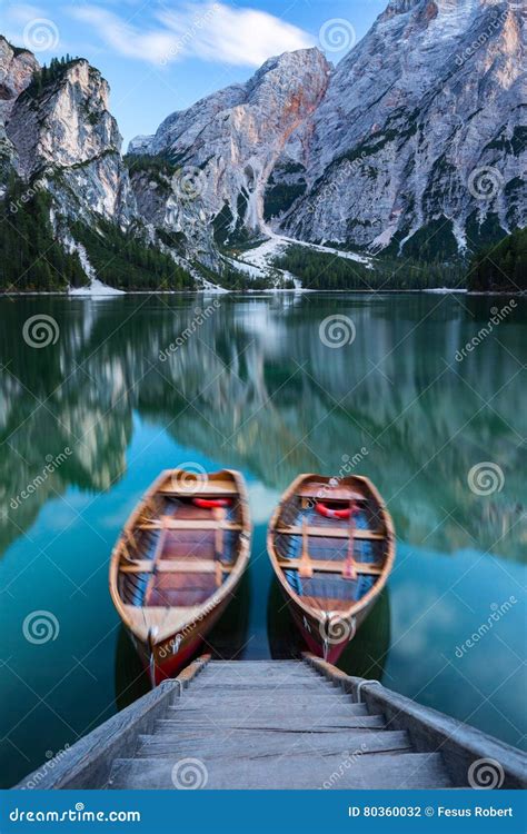 Boats On The Braies Lake Pragser Wildsee In Dolomites Mounta Royalty