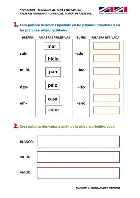 Palabras Primitivas Y Derivadas Familia De Palabras Worksheet