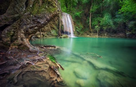 Tropical Thailand Landscape Pond Forest Green Waterfall