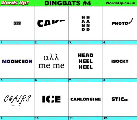 This quiz is easy to play, you just guess and answer. Words Up? Dingbat Puzzles #4 | Over 620 Dingbats!