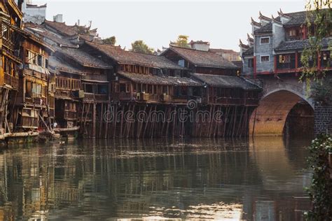 Ancient City Of China Fenghuang Wood Houses On Water Village Of The