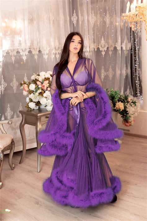 Purple Feather Robe Marabou Feather Sexy Dressing Gown Mesh Etsy