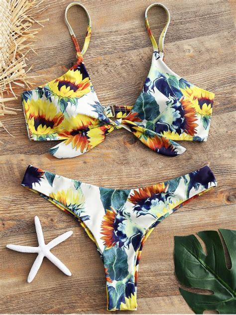 22 Off 2021 Knotted Sunflower Thong Bikini Set In Floral Zaful