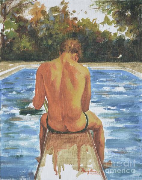 Original Art Oil Painting Male Nude Man By The Pool On Canvas Panle 16