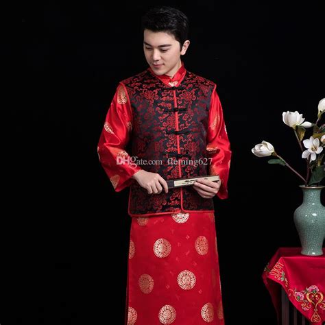 2020 New Male Red Cheongsam Ethnic Clothing Chinese Style Costume The