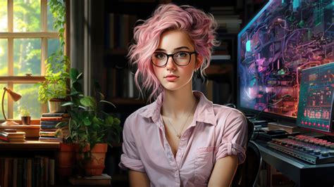 1024x576 Pink Haired Girl With Glasses At Home Office 1024x576