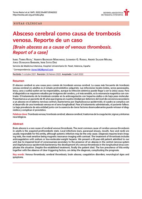 Trombosis Venosa Cerebral Revista Argentina De Terapia Intensiva The