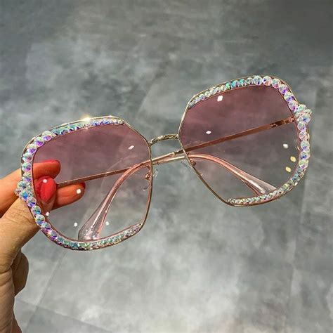 Fancy Women Square Lens Crystal Oversized Sunglasses Metal Frame Luxury