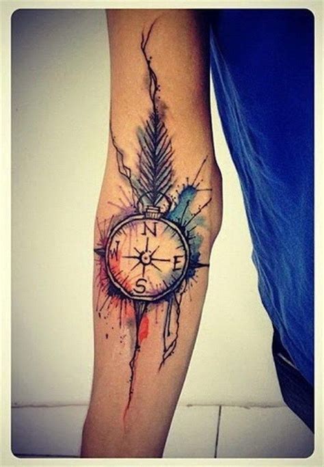 Watercolor Compass Tattoo Designs With Feather Tatoo Compass