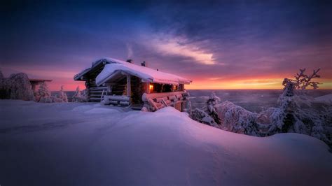 1920x1080 Snow Cabin Evening Sunset Winter Wooden House Hut