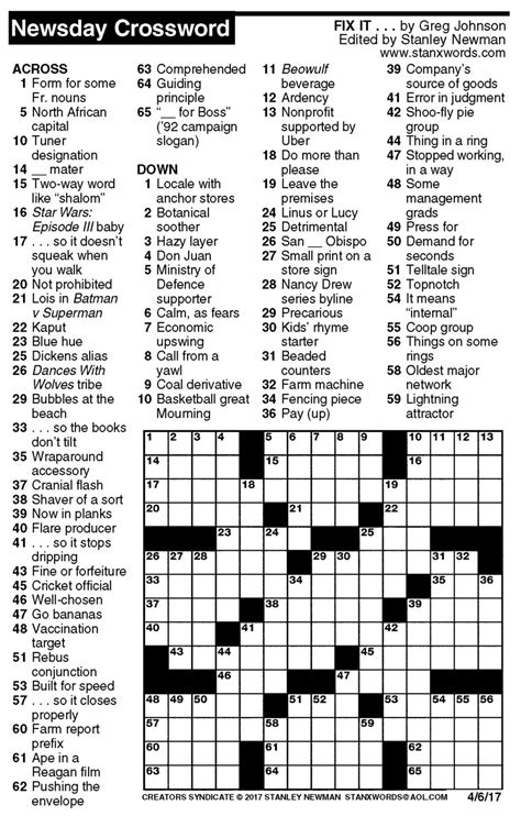 All la times daily crossword answers updated everyday! Newsday Crossword Puzzle for Apr 06, 2017, by Stanley ...