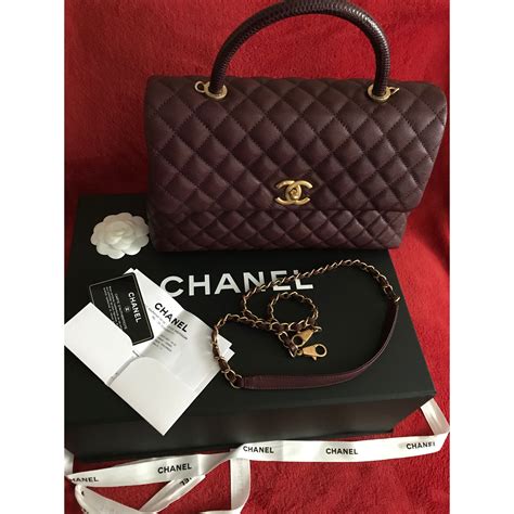 Chanel Coco Handle Medium Bag Burgundy Caviar Lizard Gold New