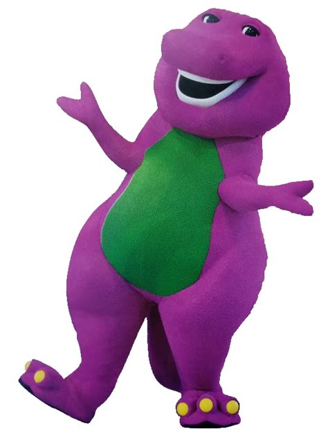 An Inflatable Purple Dinosaur Wearing A Green T Shirt