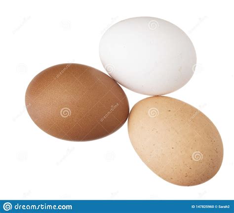 Three Chicken Hens Eggs Isolated On White Different Colors Brown