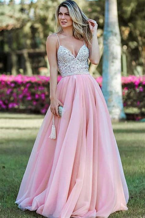 Pink Spaghetti Strap Beading Tulle Prom Dress Sexy Backless Long Evening Dress N1573