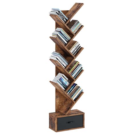 Rolanstar Bookshelf With Drawer Floor Standing Tree Bookcase Bookshe