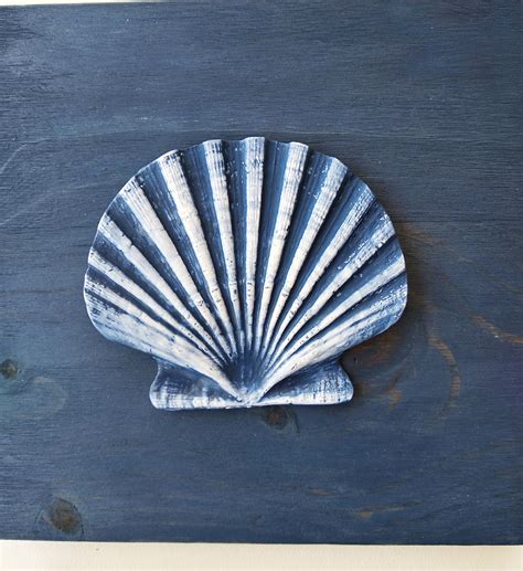 Set Of 4 Navy Blue 3d Seashell Paintings Beach Cottage Wall Etsy Uk