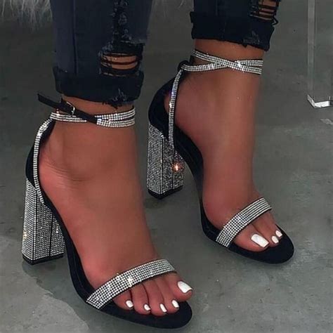 Chunky Heel Open Toe Line Style Buckle Ankle Strap Rhinestone Casual