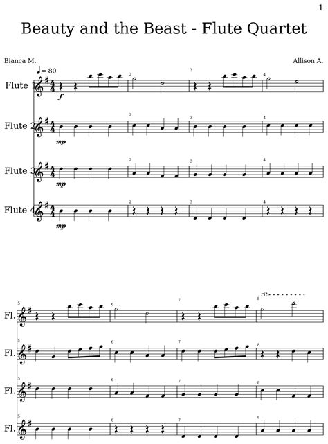 Beauty And The Beast Flute Quartet Sheet Music For Flute