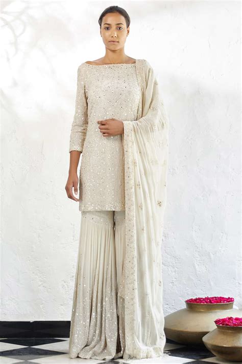 Buy Nakul Sen Off White Chiffon Embroidered Kurta Sharara Set Online Aza Fashions