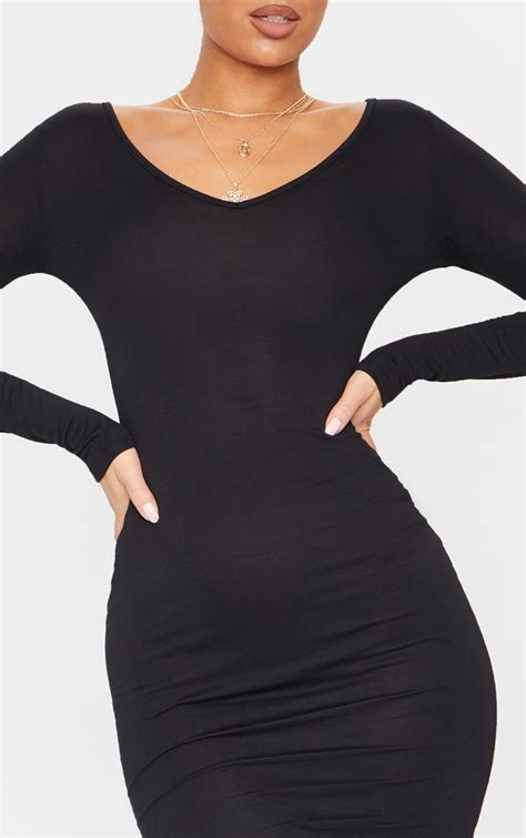 Black Jersey V Neck Long Sleeve Midi Dress Prettylittlething Usa