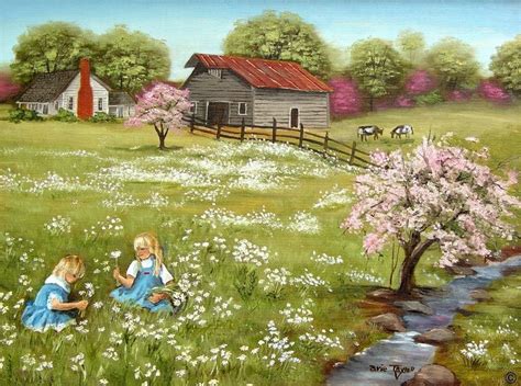 Country Folk Art Print Blonde Girls Pink Trees Daisy Field