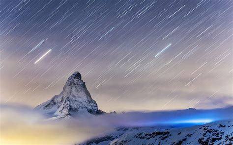 Landscape Rock Star Trails Mountain Clouds Snow Matterhorn