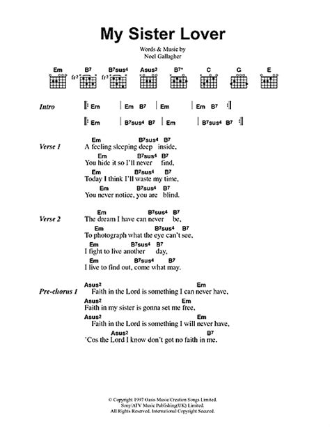 My Sister Lover Sheet Music By Oasis Lyrics And Chords 41698