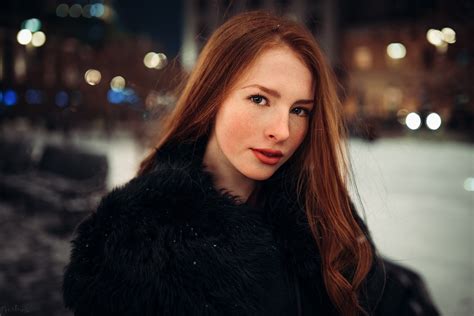 Portrait Long Hair Freckles Coats Red Lipstick Depth Of Field Ivan Proskurin Fur Coats
