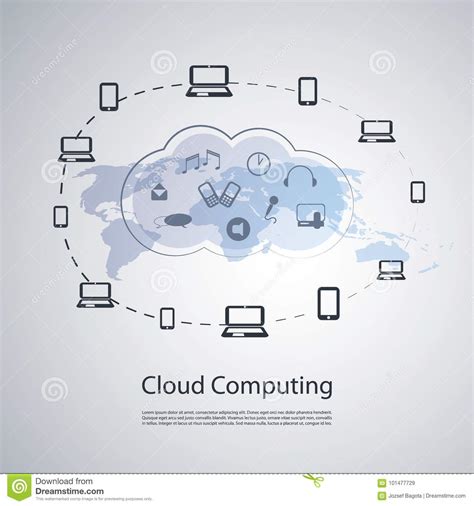Grey And Blue Cloud Computing Concept Design With World Map And Icon