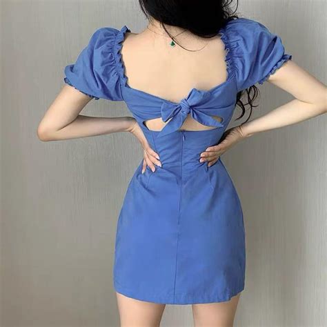 Korean Blue Back Ribbon Dress Korean A Line Dress Ulzzang Denim Blue Dress Women S Fashion