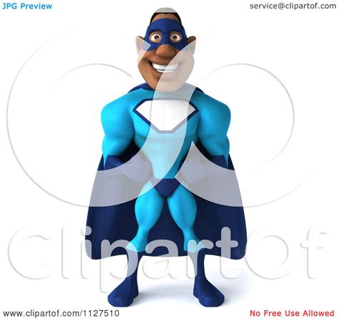 Clipart Of A 3d Black Super Hero Man In A Blue Costume Royalty Free
