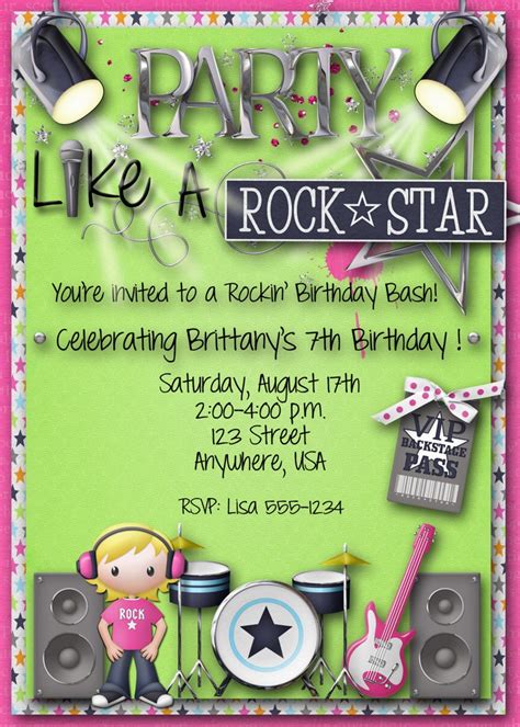 Rock Star Birthday Party Invitation Girl Guitar Hero Rock Etsy