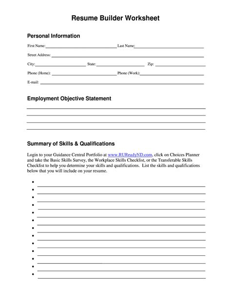 Printable Resume Worksheet