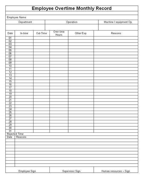 Employee Overtime Monthly Record Format