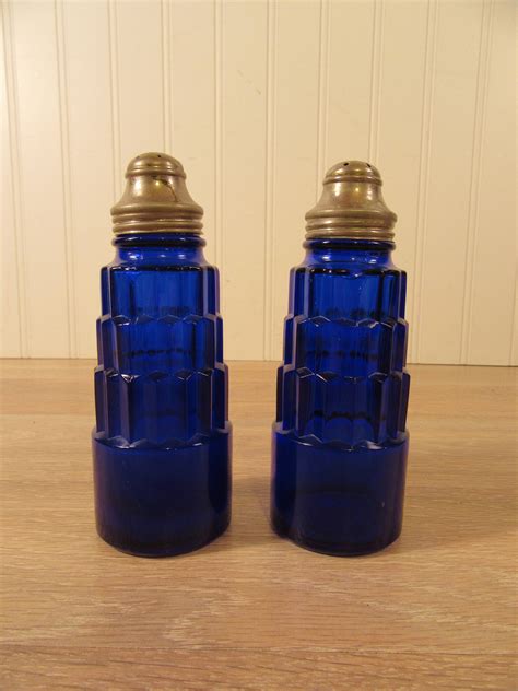 Blue Glass Salt And Pepper Shakers Hazel Atlas Art Deco Etsy Blue
