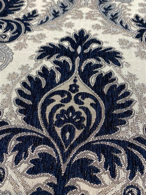 Grenada Damask Navy Blue Silver Upholstery Fabric By The Yard
