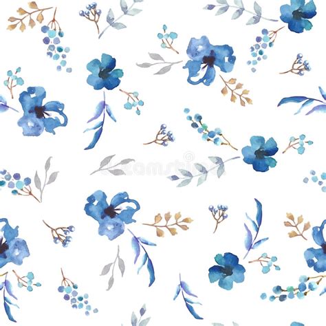 Vector Seamless Pattern With Blue Watercolor Flowers Stock Vector