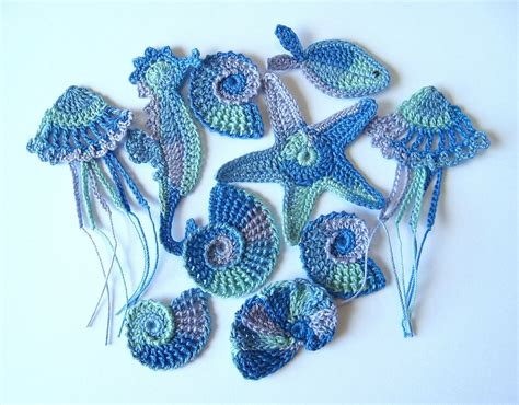 Crochet Sea Motifs Set Of 10 Made To Order Etsy Crochet Seashell