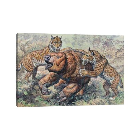 Bless International Smilodon Dirk Toothed Cats Attacking A Glossotherium On Canvas By Mark