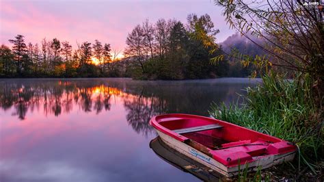 Boat Lake Viewes Great Sunsets Trees Red Hot Ships Wallpapers