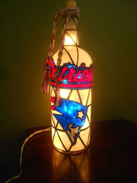 Lighted Handpainted Wine Bottle Patriots Inspired Stained Glass Look