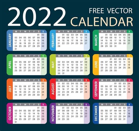 Calendar 2022 Vector Colorful 3206535 Vector Art At Vecteezy