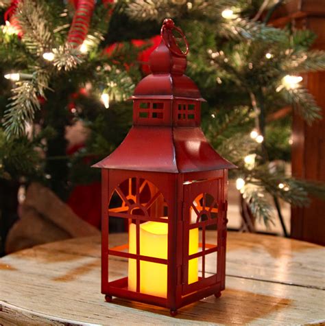 Metal Christmas Lantern With 3 X 3 Led Outdoor Candle Red With Timer