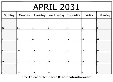 April 2031 Calendar Free Blank Printable With Holidays