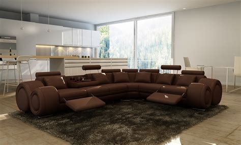 Modern Brown And Beige Leather Sectional Sofa With Recliners Cabinets